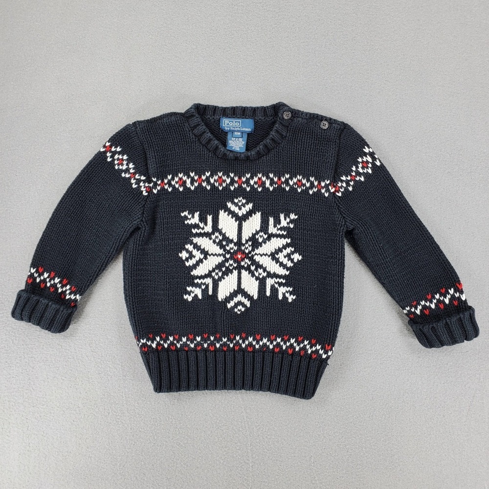 Polo Ralph Lauren Sweater Boy Infant 18M Black White Red Snowflake Ski Fair Isle